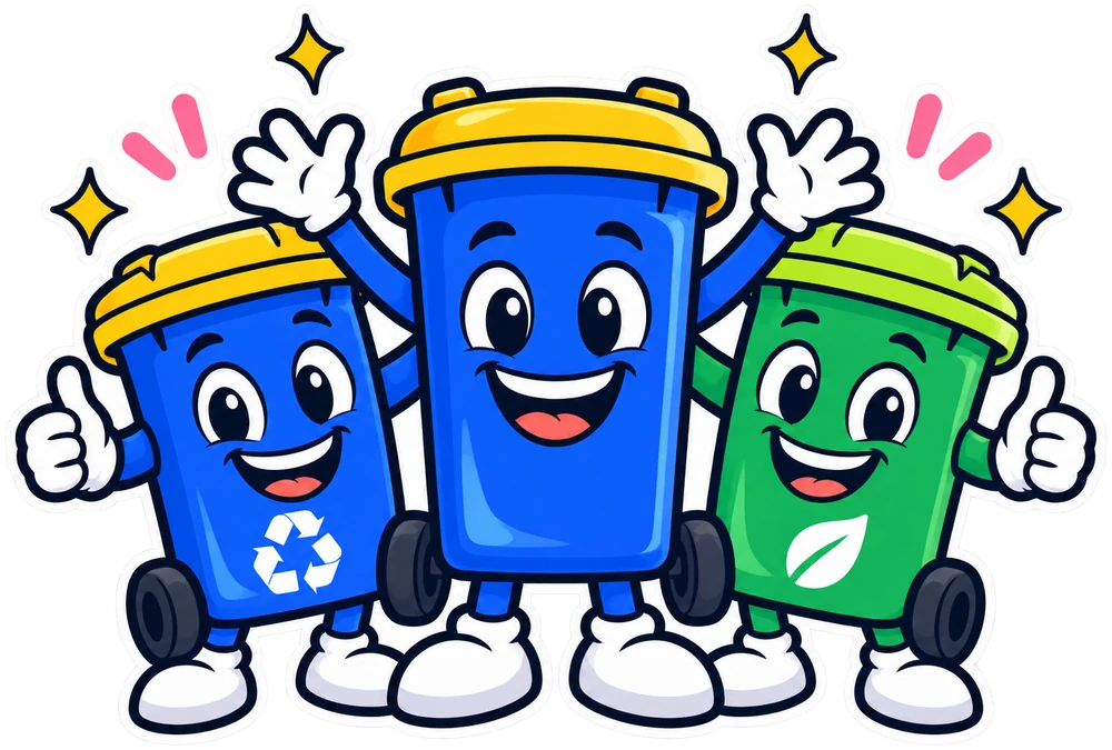 The Crystal Bins characters: rubbish, recycling and green-waste bins